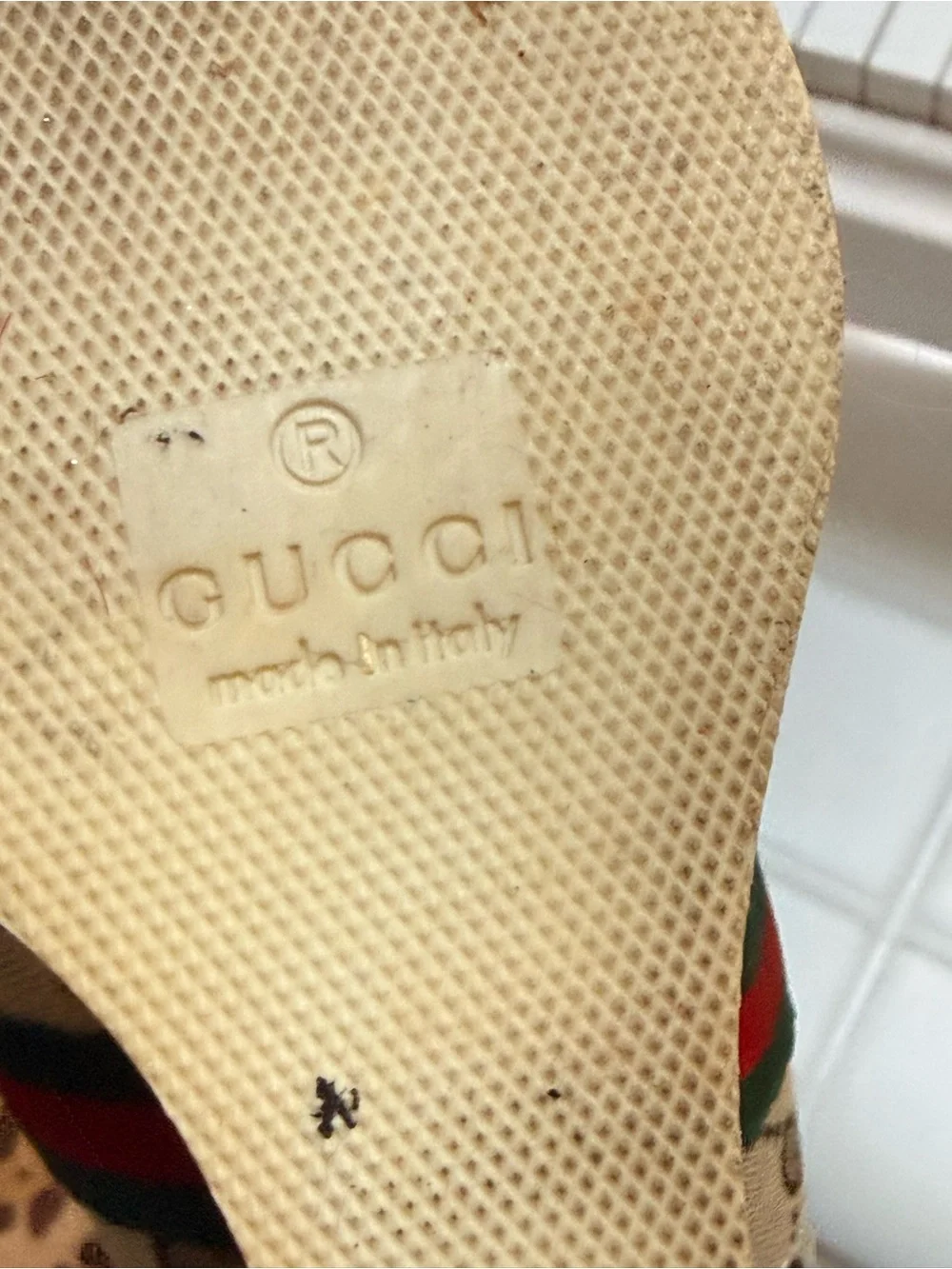 Gucci Brown Monogram Wedge Peep-Toe Pumps with Red-Green Web